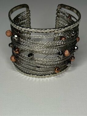 Silver Multi-layer Wire Cuff Bangle Bracelet With Rose Gold & Black Beads Boho